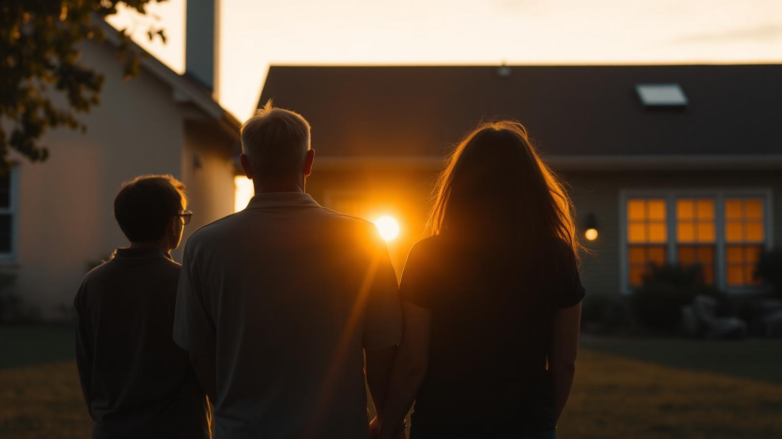 Family standing in front of their home at sunset