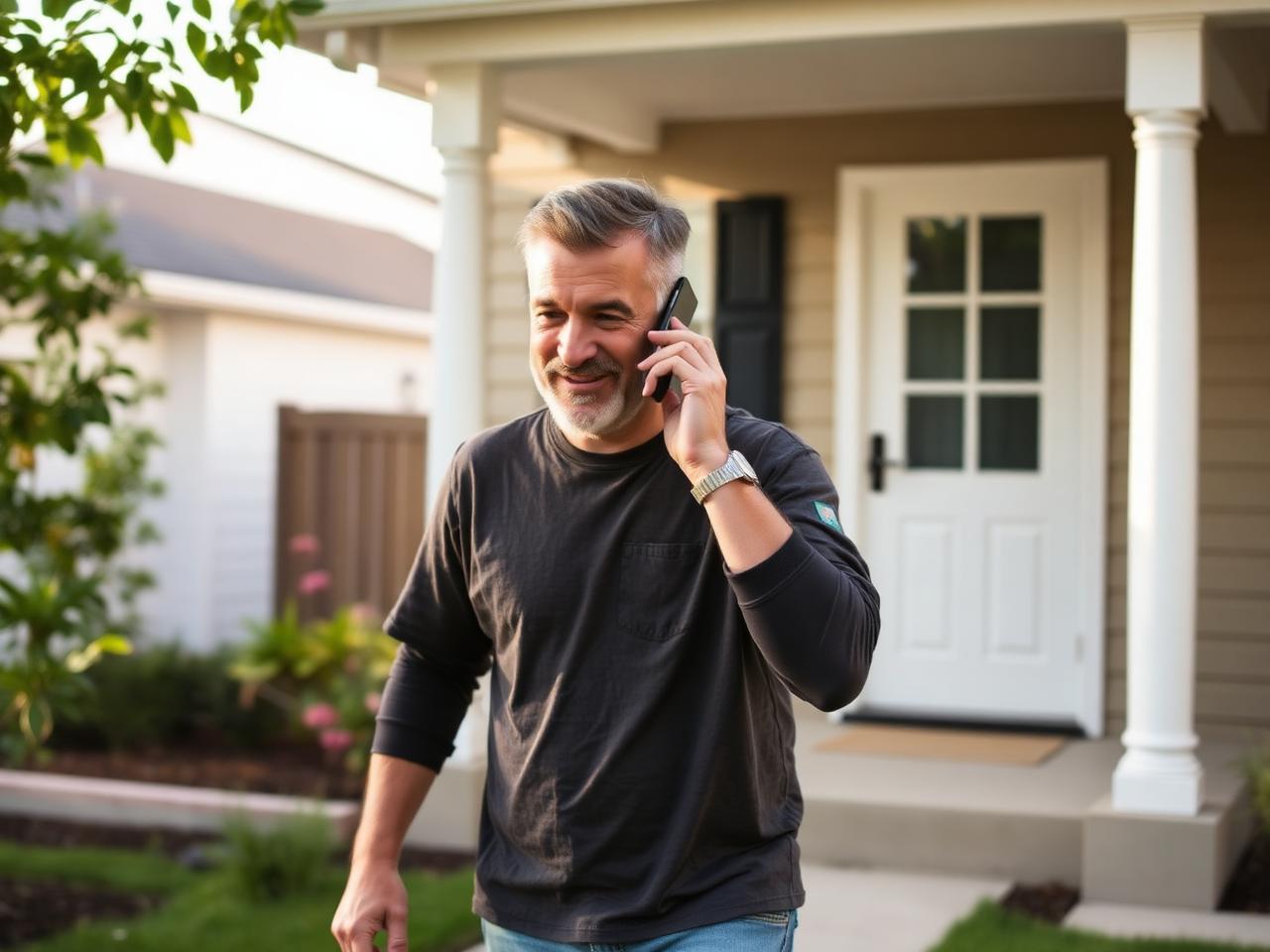 Homeowner on a phone call in the front yard
