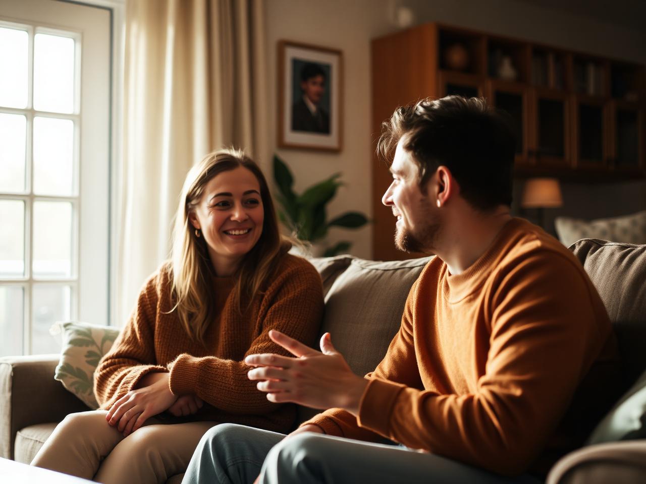 Two people in friendly conversation on a living room couch